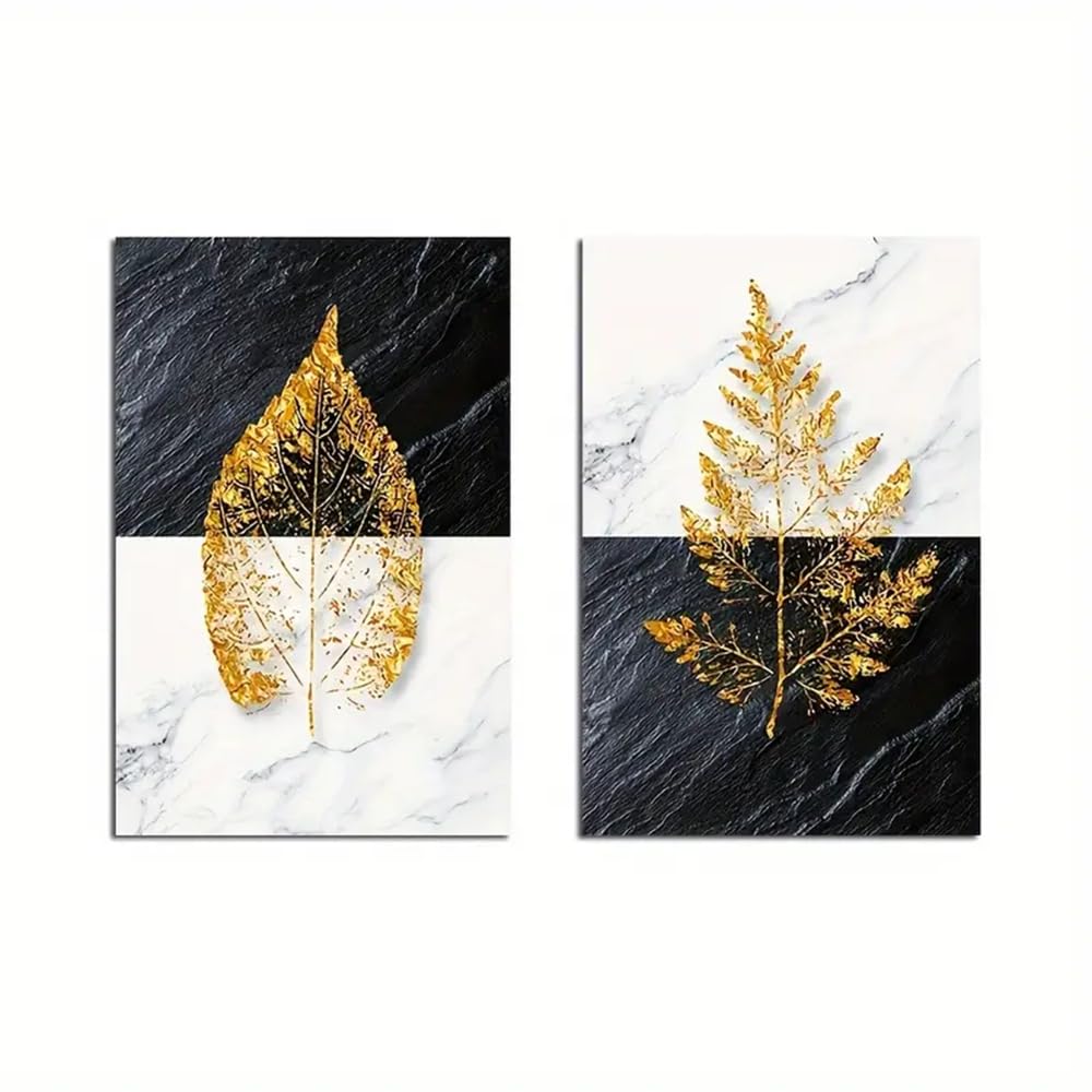 WUHBCZ Canvas Paints,Canvas Print Poster, Golden Leaves Black White Marble Texture Painting Plant Wall Art Picture for Living Room Bedroom Office, Home Decoration-50 * 70cm*2PCS (No Frame)