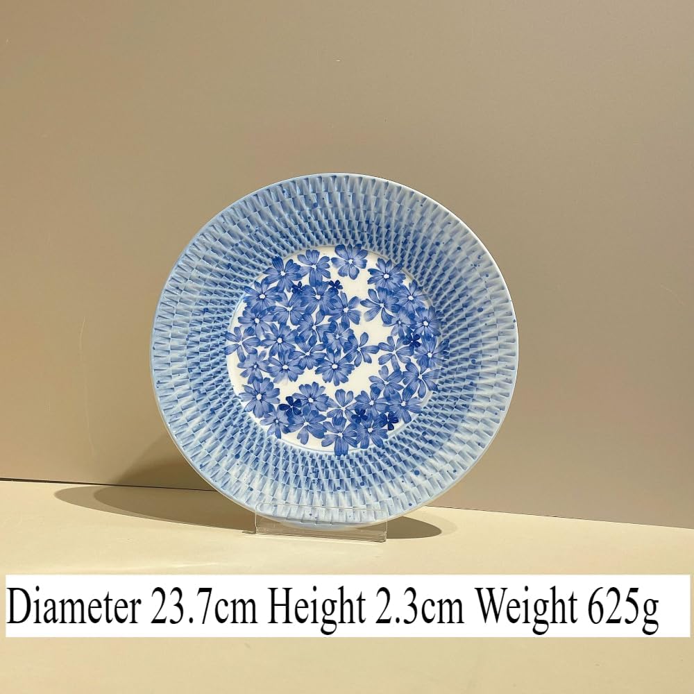 Snow Blue Flower Basket Color Plate Vegetable Household Ceramic Rice Bowl Tableware Light Luxury Relief Dessert Afternoon Tea Breakfast Snack Bird'S Nest Salad Fruit Ice Cream Soup Pasta