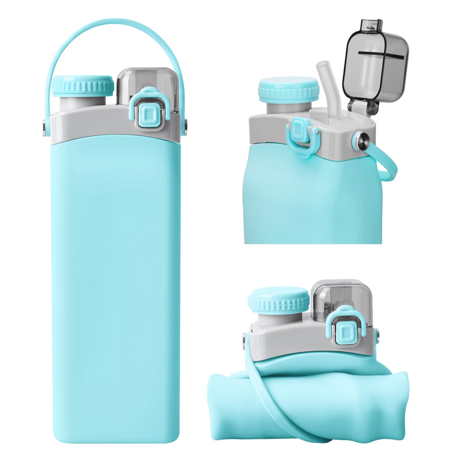 Nefeeko Faltbare Trinkflasche, 600ml Silikon Wasserflasche mit Strohhalm, Mehrweg Auslaufsichere Wasserflasche BPA Frei Sport Trinkflasche für Reisen Camping Yoga Schule Outdoor (Himmelblau)