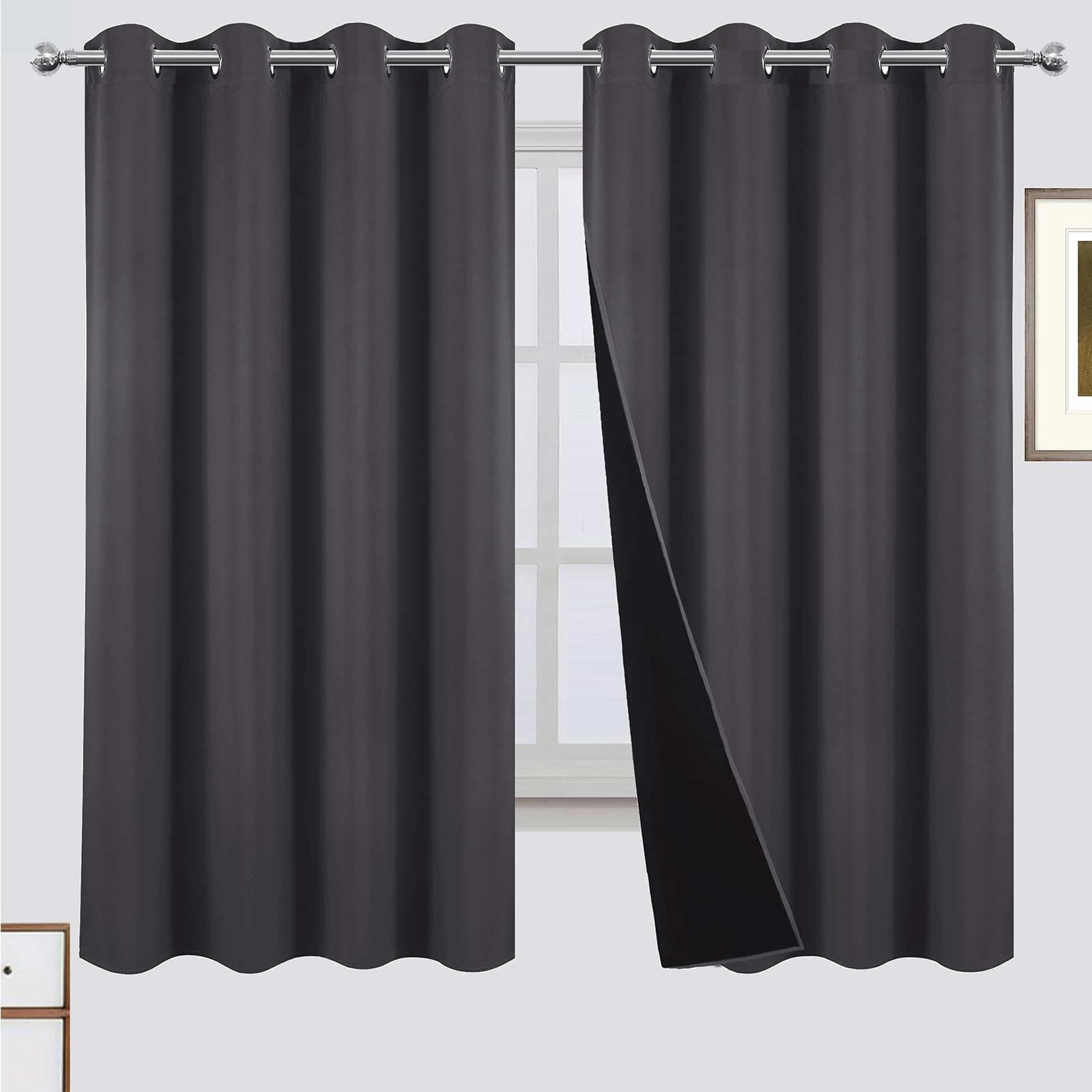 LEMOMO 100% Blackout Curtains 52 x 63 Inch Dark Grey Curtains 2 Panels Darkening Thermal Insulated Bedroom Curtains