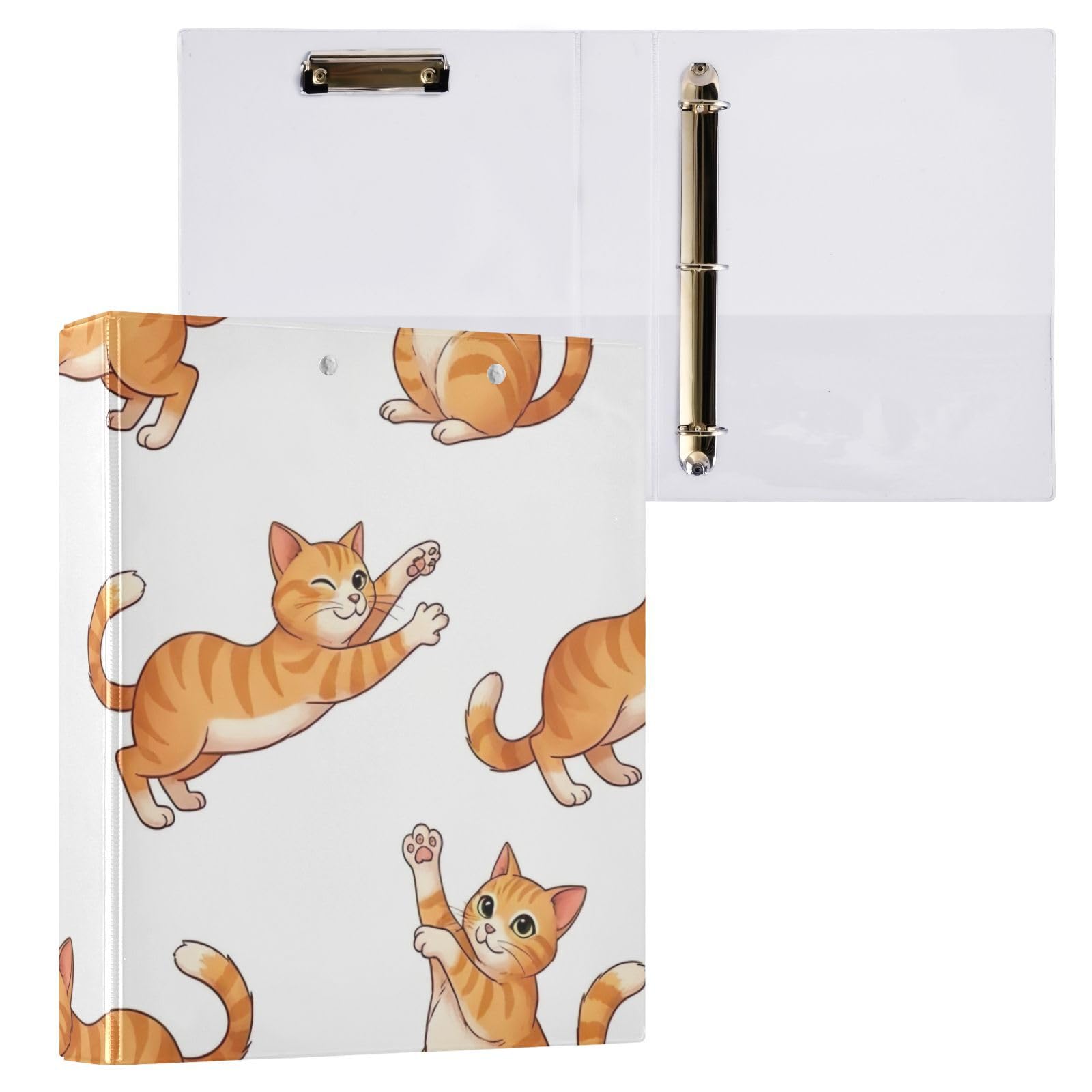 Raccoglitore a tre anelli stampato, raccoglitore ad anelli a D con tasche, raccoglitore decorativo per scuola, università o ufficio, simpatico gatto arancione bianco