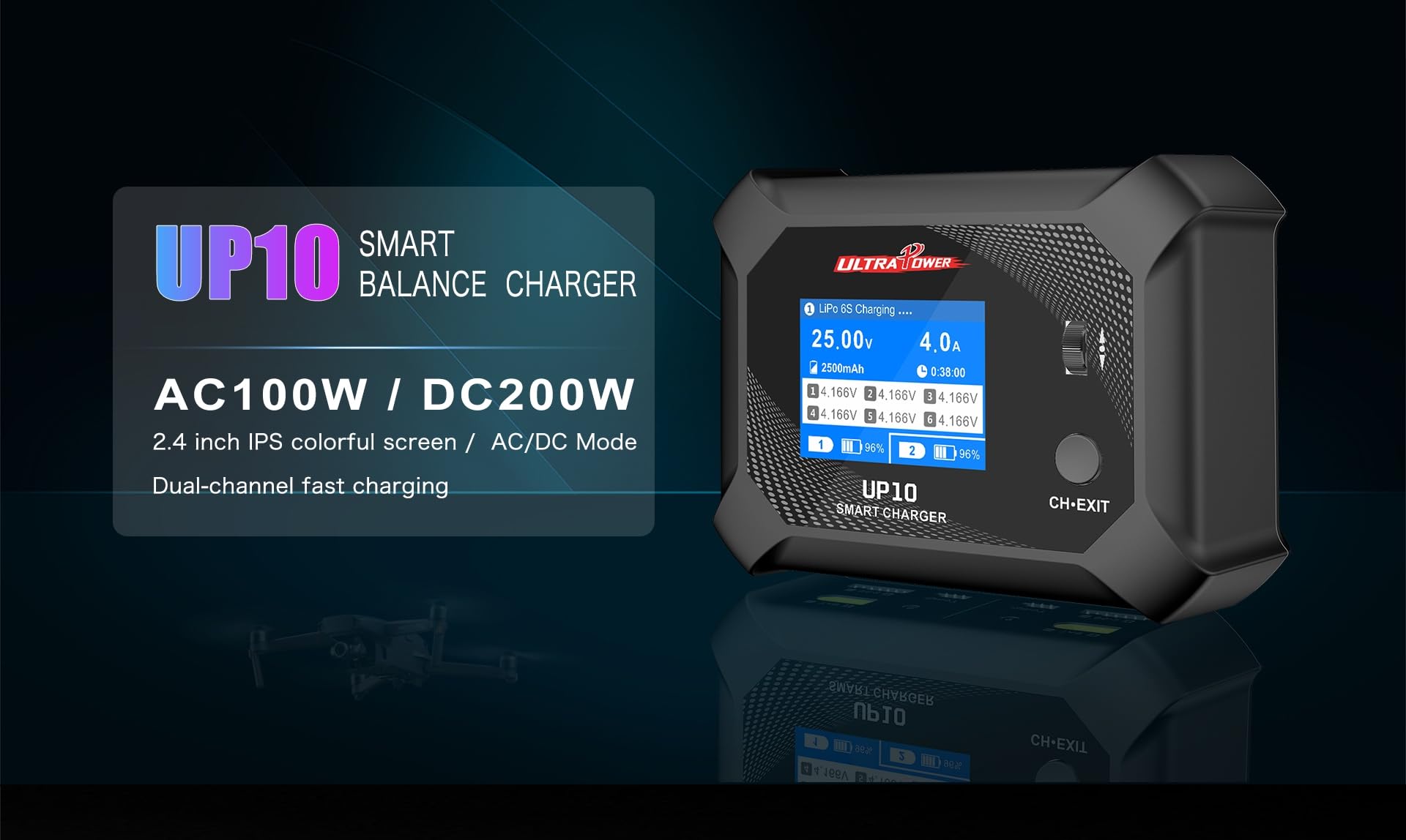 YUNIQUE GREEN-CLEAN-POWER UP10 Caricabatterie AC/DC 2X100W 10A - Caricabatterie Doppio Canale con Bilanciamento Intelligente per Batterie LiPo LiFe LiHV NiMH NiCd