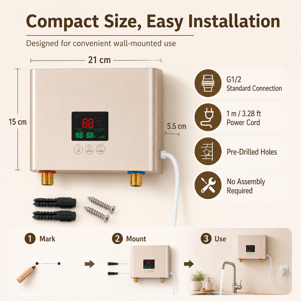 Mini Durchlauferhitzer Küche 3000W, Elektrische Durchlauferhitzer Klein, 30-55 ℃ Elektrische Warmwasserbereiter mit LED Digitalanzeige Panel und Fernbedienung, für Küchen, Waschküchen