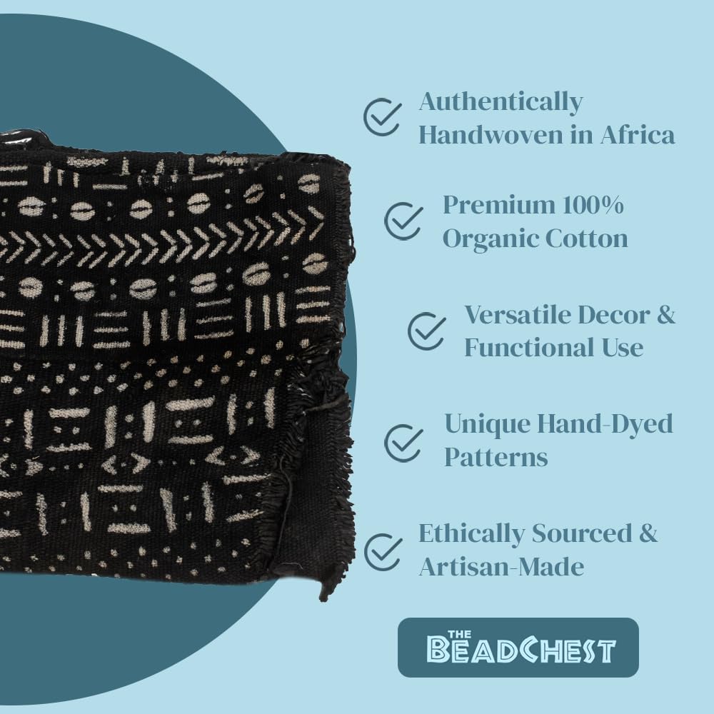 The Bead Chest Ebony Black Bogolan Mali Mud Cloth - Handmade African Textile from West Africa - 40x64 Inches - Ideal for Home Decor, Boho Throw Blanket, Upholstery, or Crafts