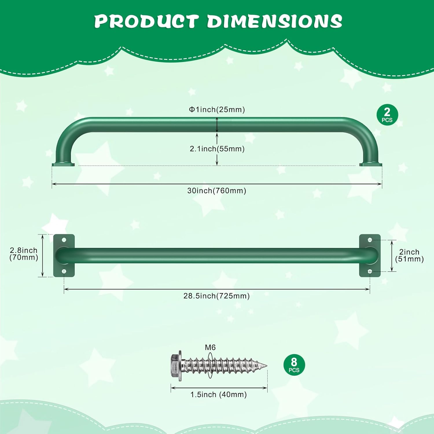 SELEWAEW 30" Green Playground Ladder Handle, Heavy-Duty Metal Playset Safety Handles, Outdoor Kids Grab Bars for Swing Sets, Treehouse, Jungle Gym, Rock Climbing Wall, Playhouse Ladder (2 Pack)