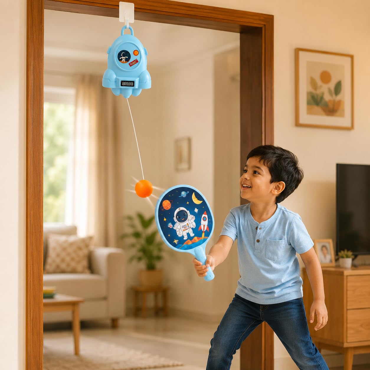Btop® Kids Indoor Sports Toy | Hanging Table Tennis Trainer with Elastic Rebound Ball & 2 Paddles (Multi Colour)-image-32