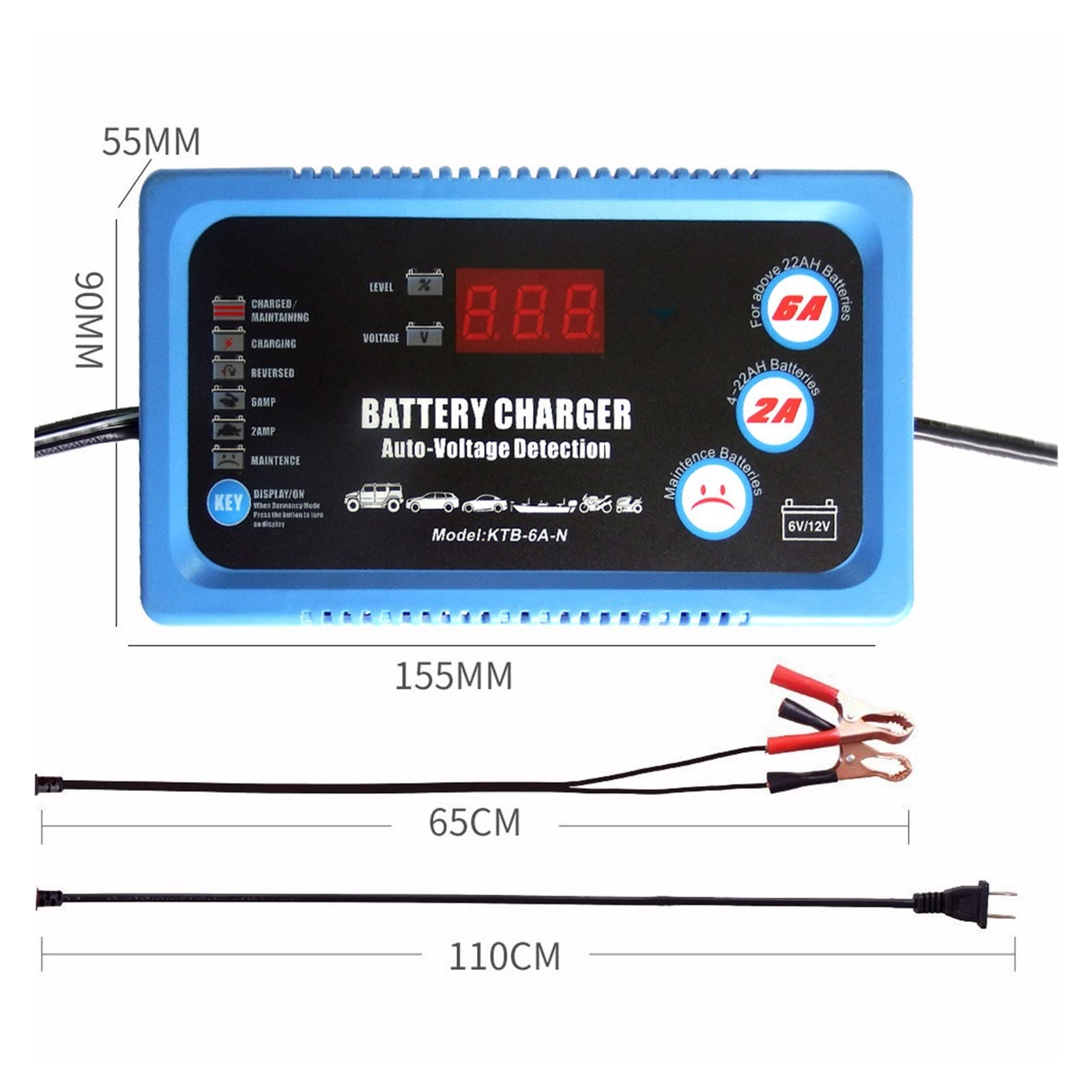 FAXIOAWA Cargador de batería automotriz Inteligente para Coche, Herramienta de Carga de batería de Plomo y ácido Recargable automática, 6V, 12V, 2A, 6A, CC