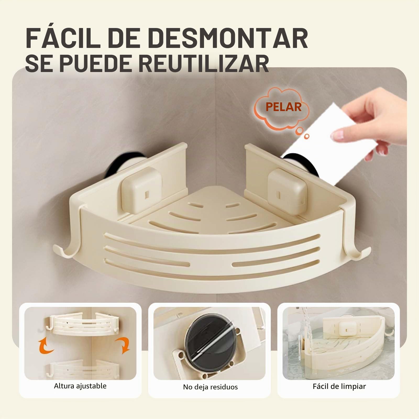 Lekesky Estante Ducha sin Taladro Esquina con Toallero y Ventosas Fuertes, Aluminio Antioxidante y Extraíble, Ideal como Estantería de Baño y Organizador Ducha para Baño y Cocina, 2 Uds, Crema