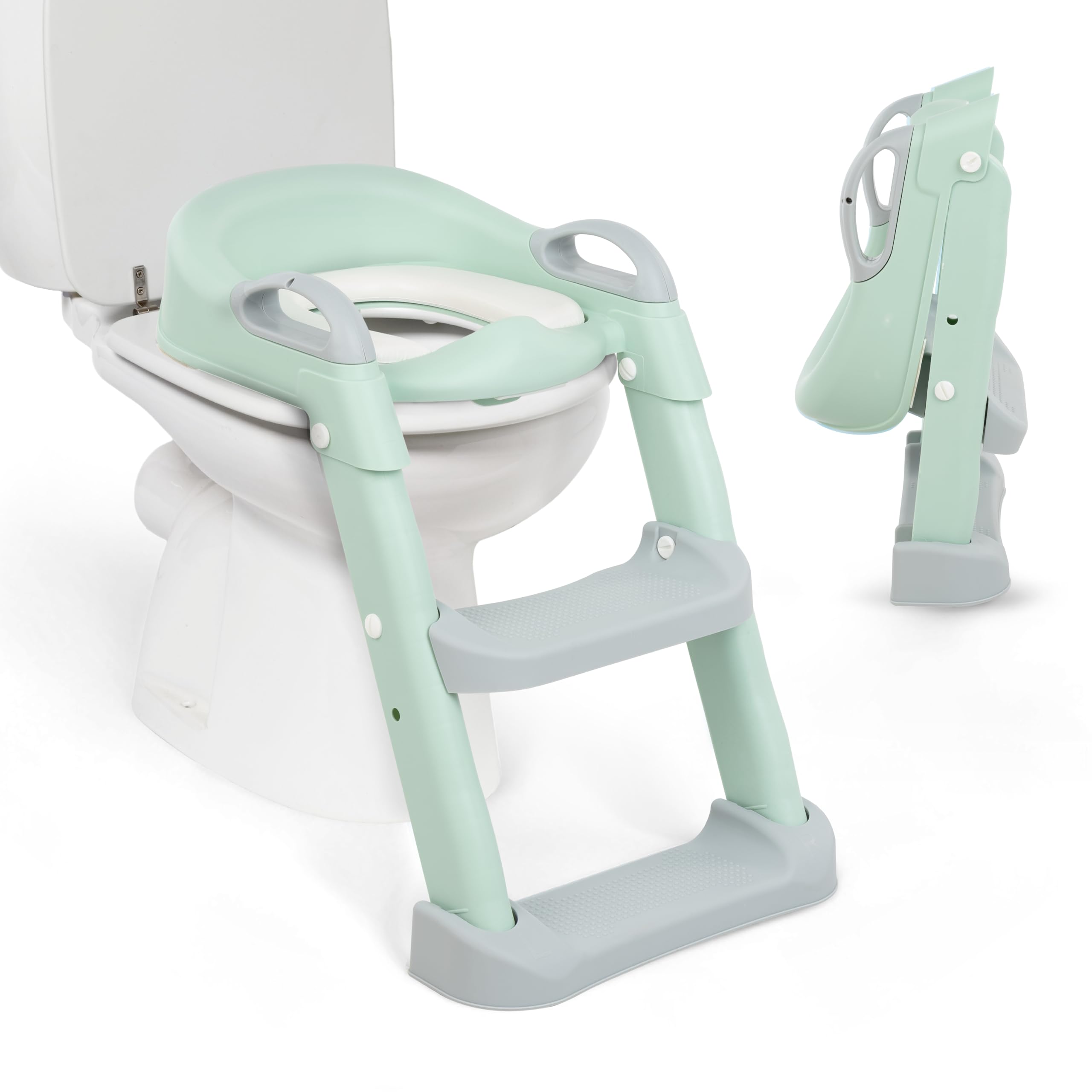 Adaptateur WC pour enfant KikkaBoo avec échelle LEA, réducteur de toilette, pliable et réglable, design anatomique, rembourrage amovible et doux, poignées, antidérapant, 18 mois et plus, menthe