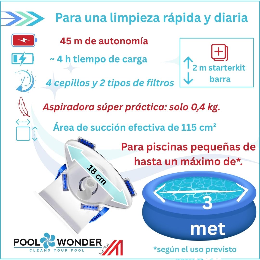Poolwonder Cleverix - Aspirador para piscina con batería - Limpiador de piscina súper práctico fabricado en Austria con poste de kit de arranque de 2 m