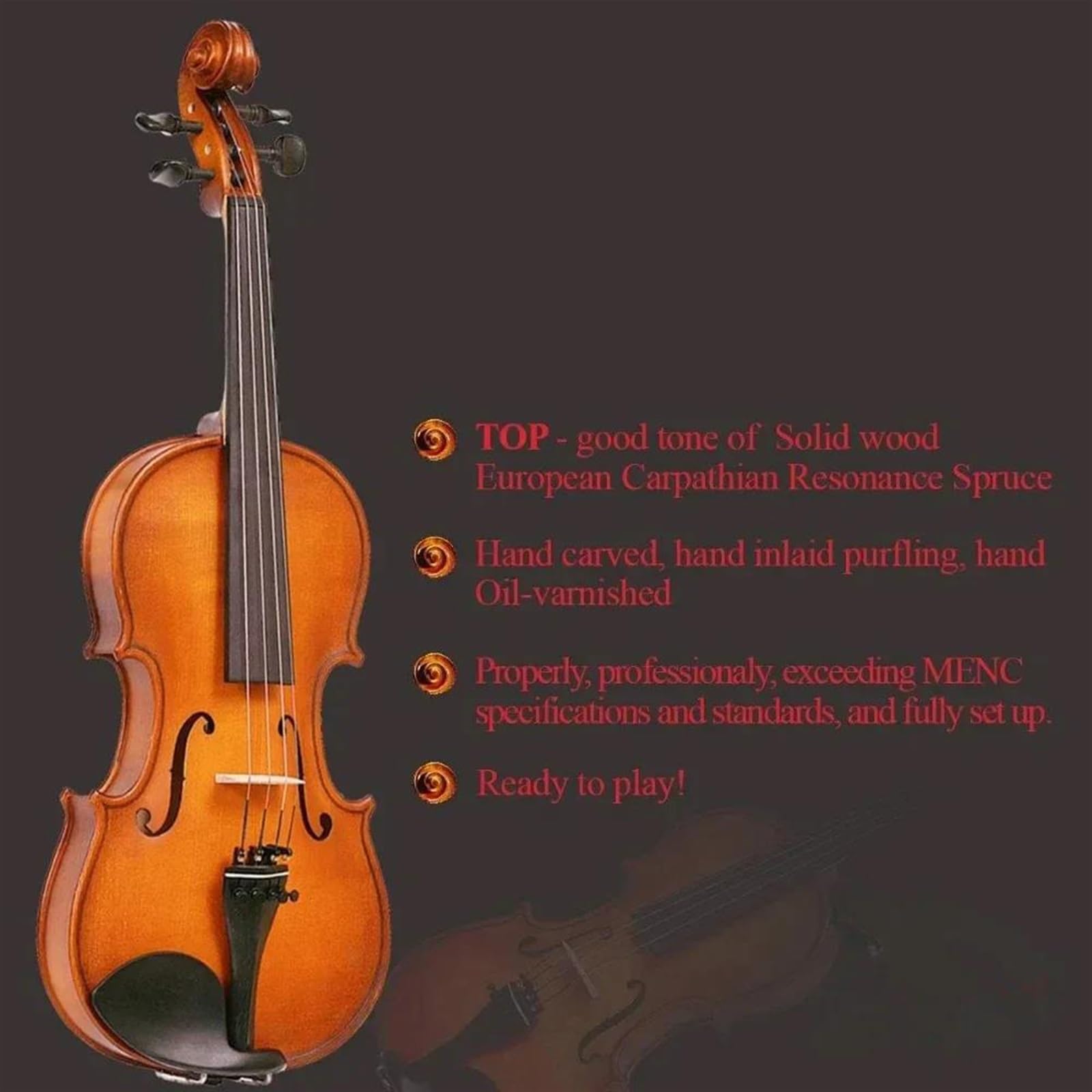 Violino Set Violino 4/4 A Grandezza Naturale Violino Acustico In Legno Massello Intagliato E Verniciato A Mano