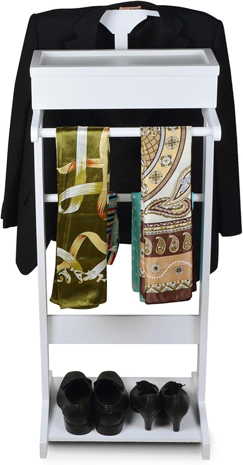 Wood Mens Valet Stand for Men And Women, Butler Clothing Racks, Floor Standing Suit Hanger Rack, Clothing Trousers Bar Rack for Hats, Bags, Clothes 22 Lbs Capacity 17x14x43in(White)