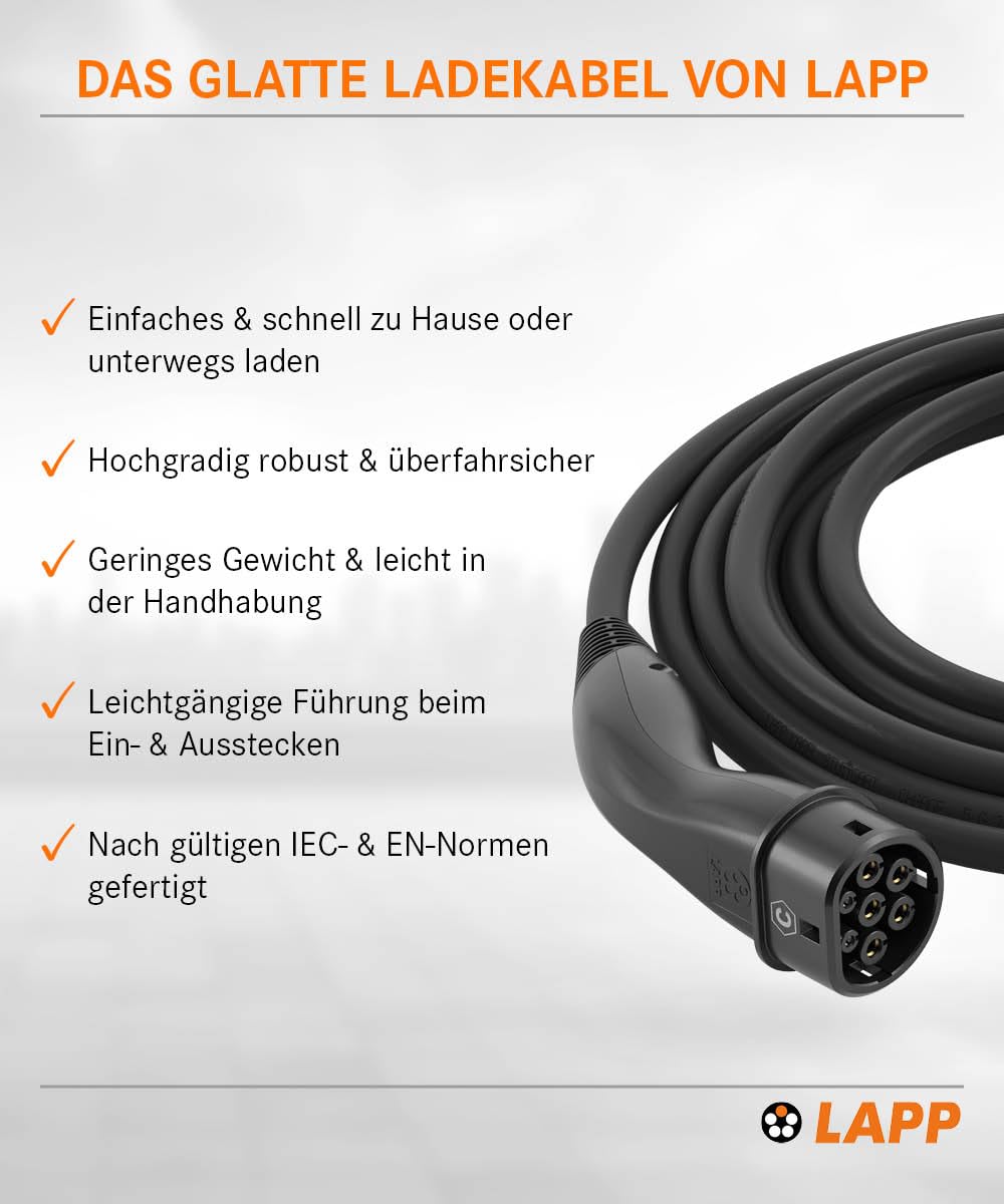 Lapp Mobility Typ 2 Ladekabel 22 KW 7m - 32a Ladekabel E Auto 3-Phasig - IP55 geschütztes Ladekabel Mode 3 - Ladekabel Typ 2 mit korrosionsresistenten Steckkontakten - geeignet für PHEV, BEV & EV