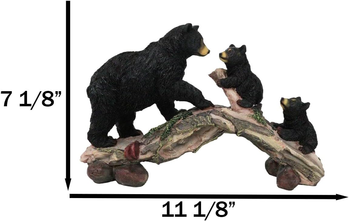 Ebros Gift Rustic Forest Black Bear Mother and 2 Cubs Walking On Tree Trunk Bridge Figurine 10" Tall Woodlands Saunter Bear Family Cabin Mountain Lodge Cottage Sculpture