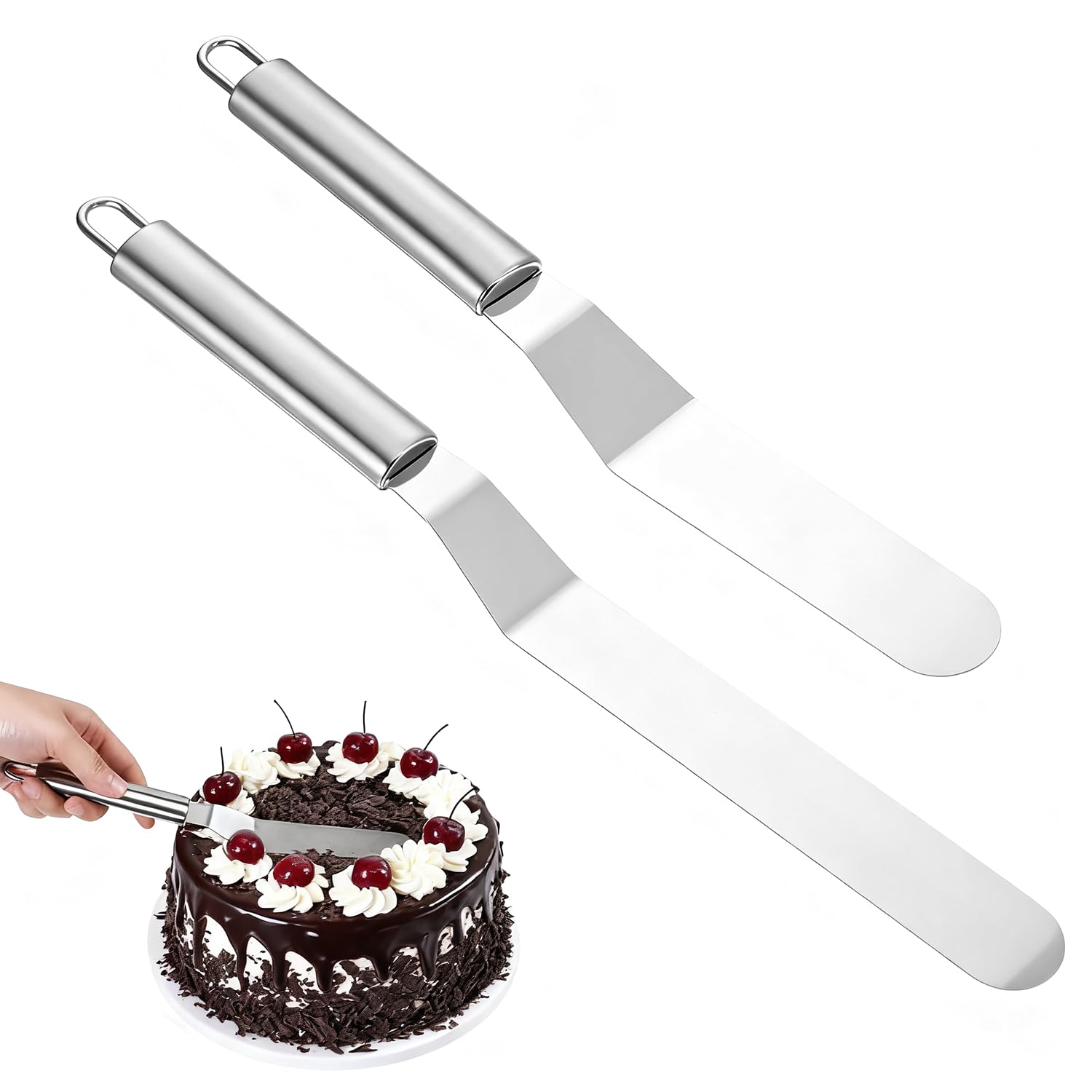 Pack of 2 Angled Spatulas, 6 & 8 Inch Stainless Steel Cake Knives for Smoothing, Spreading Icing, Cream, Cheese, Butter - Curved Handle Design Baking Tools for Cake Decorating & Frosting