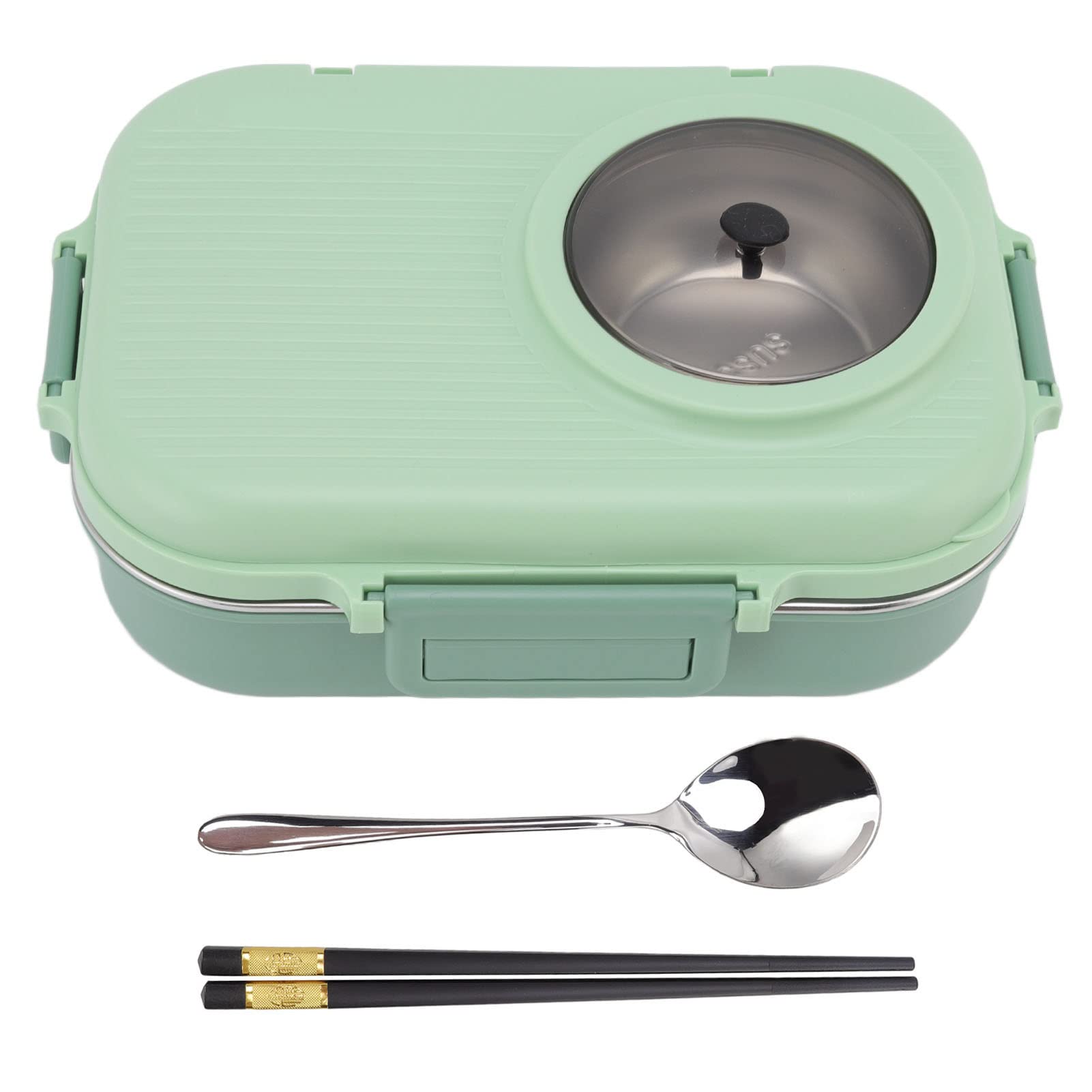 Fiambrera Bento, 1100ml Diseño de 3 Rejillas de Doble Capa, Fiambrera Térmica de Acero Inoxidable 304 con Palillos Cuchara Tazón de Sopa, Recipiente de Comida para Niños Estudiantes Adultos(Verde)