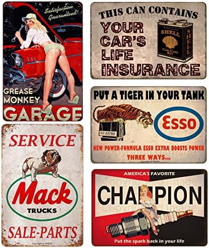 5PCS Gas Motor Oil Antique Tin Signs Vintage Gas Oil Metal Signs Garage Man Cave Bar Pub Wall Decor 8×12 Inch