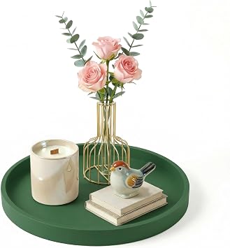 Round Green Silicone Decorative Bathroom Vanity Tray 9 Inch, Counter Tray for Bathroom Countertop Perfume Holder Dresser Organizer Coffee Table Candle, Non-Slip Durable for Home Use