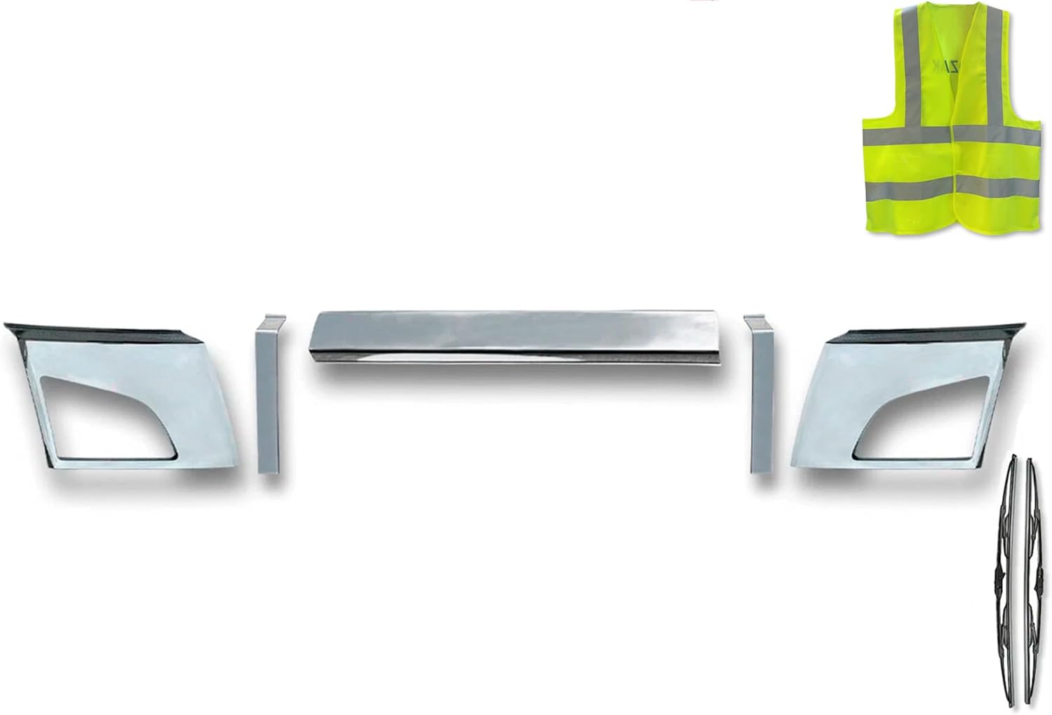 Kozak Chrome Trim Set - Bumper Corners Trim with Fog Light Holes (Left Driver Side and Right Passenger Side) & Center Bumper Trim Compatible with Volvo VNL 2018+ Plus Logo, Wipers, Vest