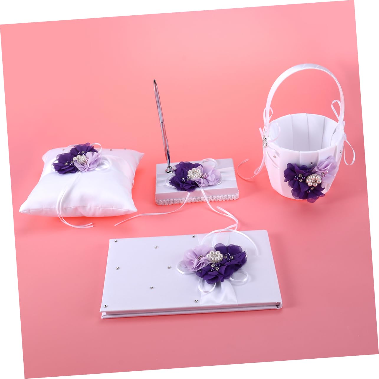 Cabilock 4stücke Teiliges Hochzeitsringkissen Blumenkorb Notizbuch Und Stifthalter Für Braut -Farbe Blüten Für Hochzeitszeremonie