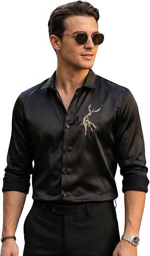 Afflatus Men’s Stylish Satin Shirt for Party, Formal and Casual Wear Full Sleeve Shirt for Men - Buck