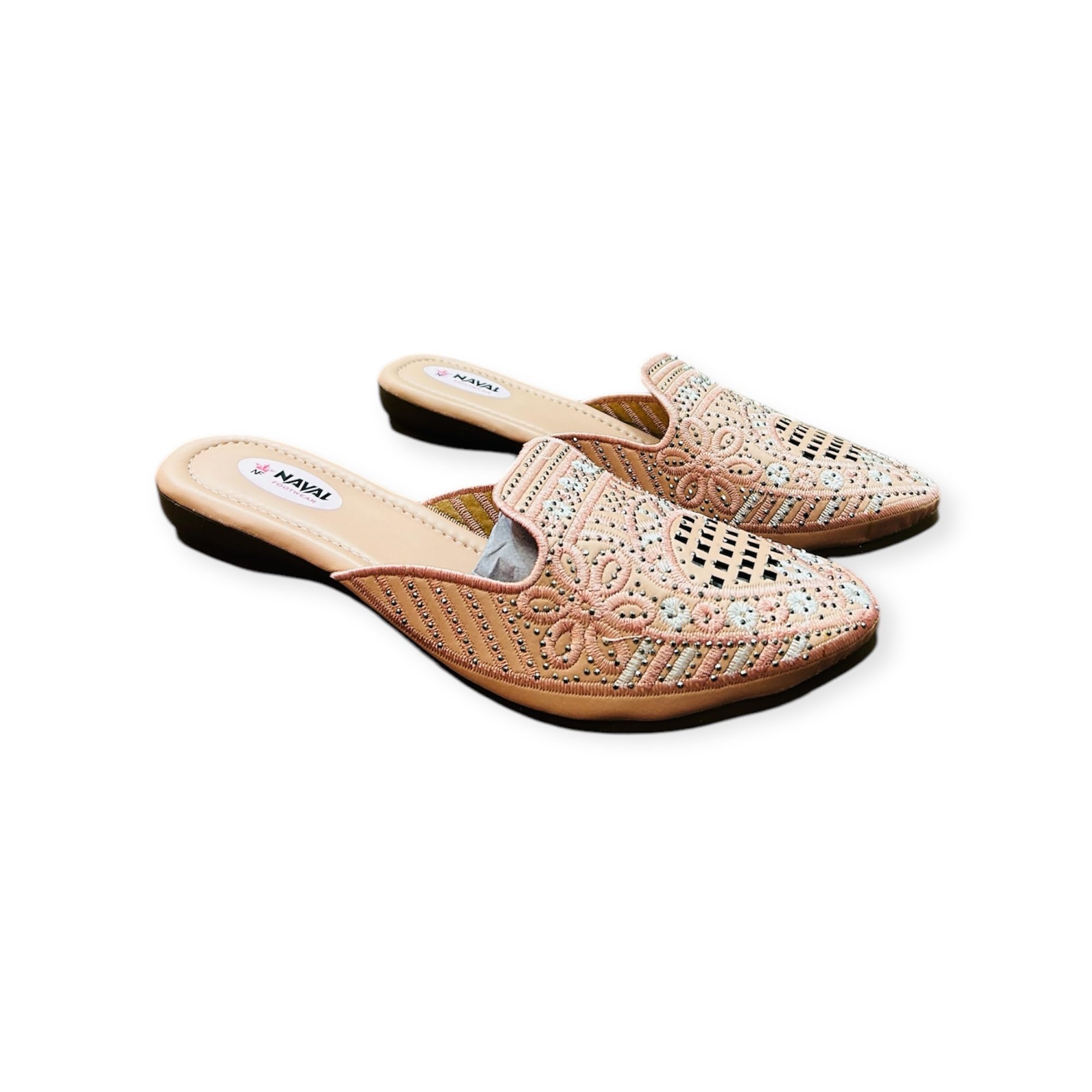 Women's Embroidered Slip-on Jutti Mules, Peach Pink with Cutwork Design-image-34