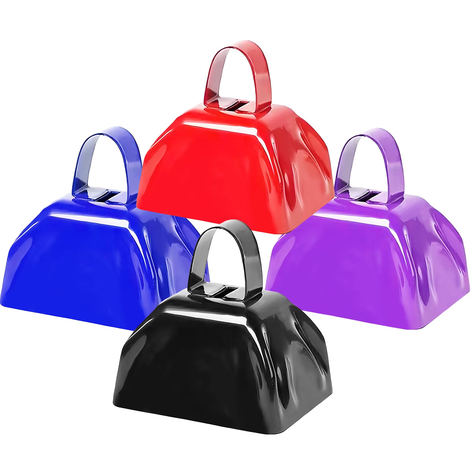 Metal Cow Bell Noise Maker - 3 Inch Pack of 4 - Small Loud Metal Cowbell Noisemaker with Handle - Great for Football Games, Sporting Events, Weddings,