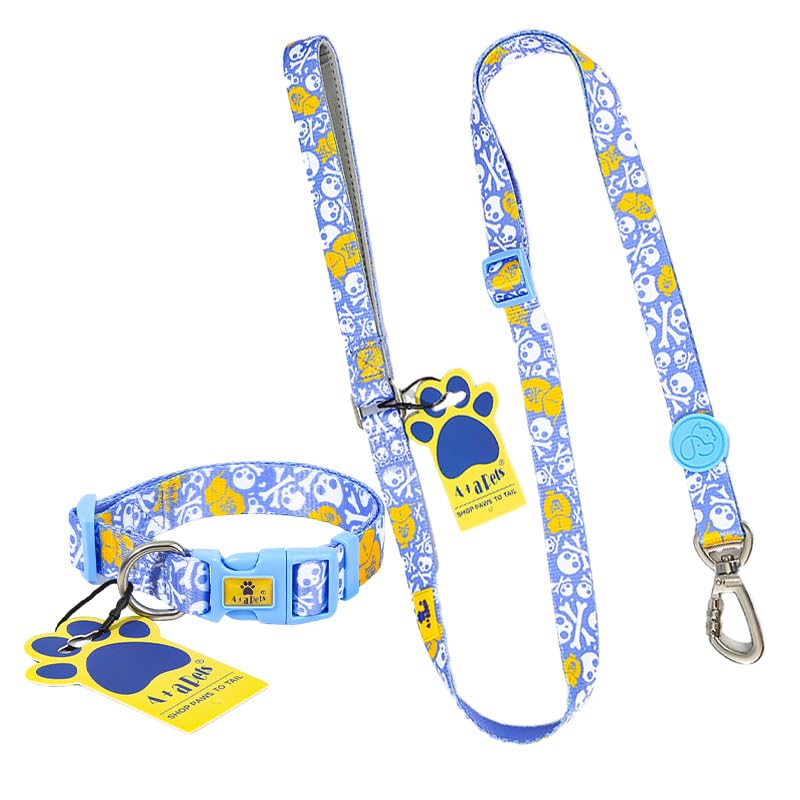 A+a Pets Skin-Friendly Buckle Dog Collar & Leash Combo for Dogs Cats - Durable, Adjustable, Soft, Neoprene Padded Handle (Pirate Design Blue, M) (B0C6ZWYMJG) Amazon Price History, Amazon Price Tracker