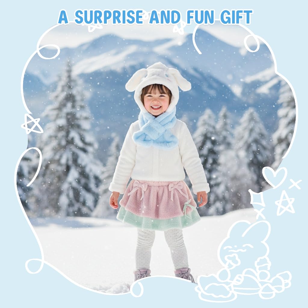 PATPAT® Winter Kids Scarf Cap Set Blue White Cinnamoroll 2 in 1 Fleece Warm Children Scarf and Cap Set, Cute Cartoon Ear Soft Plush Warm Hat for Girls Winter Christmas Gift for Girls 4-13 Years Old 4