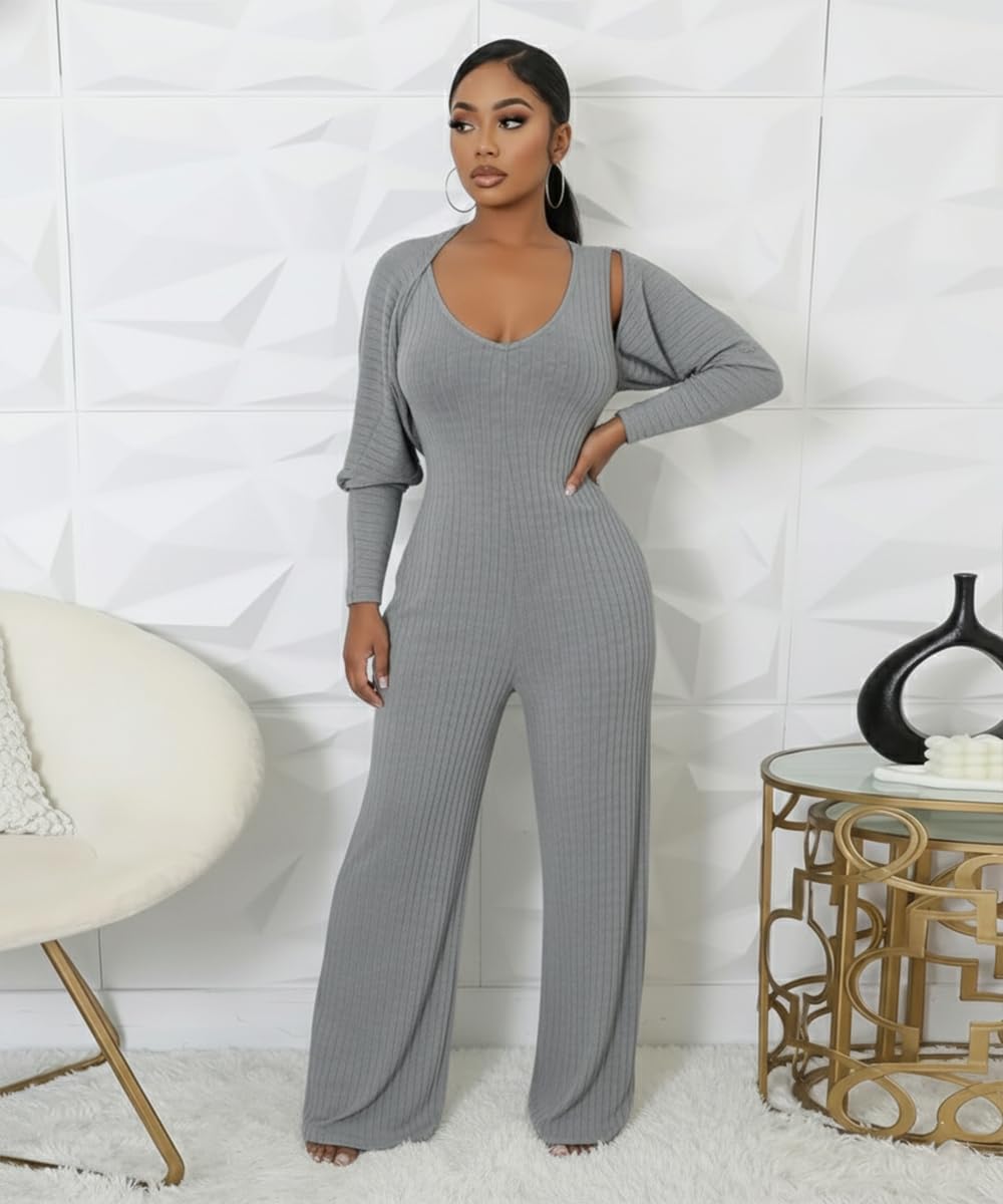 Womens 2 Piece Outfits Casual Ribbed Knitted Long Sleeve Batwing Cardigan V neck Tank Wide Leg Jumpsuits Set With Pocket - Image 3