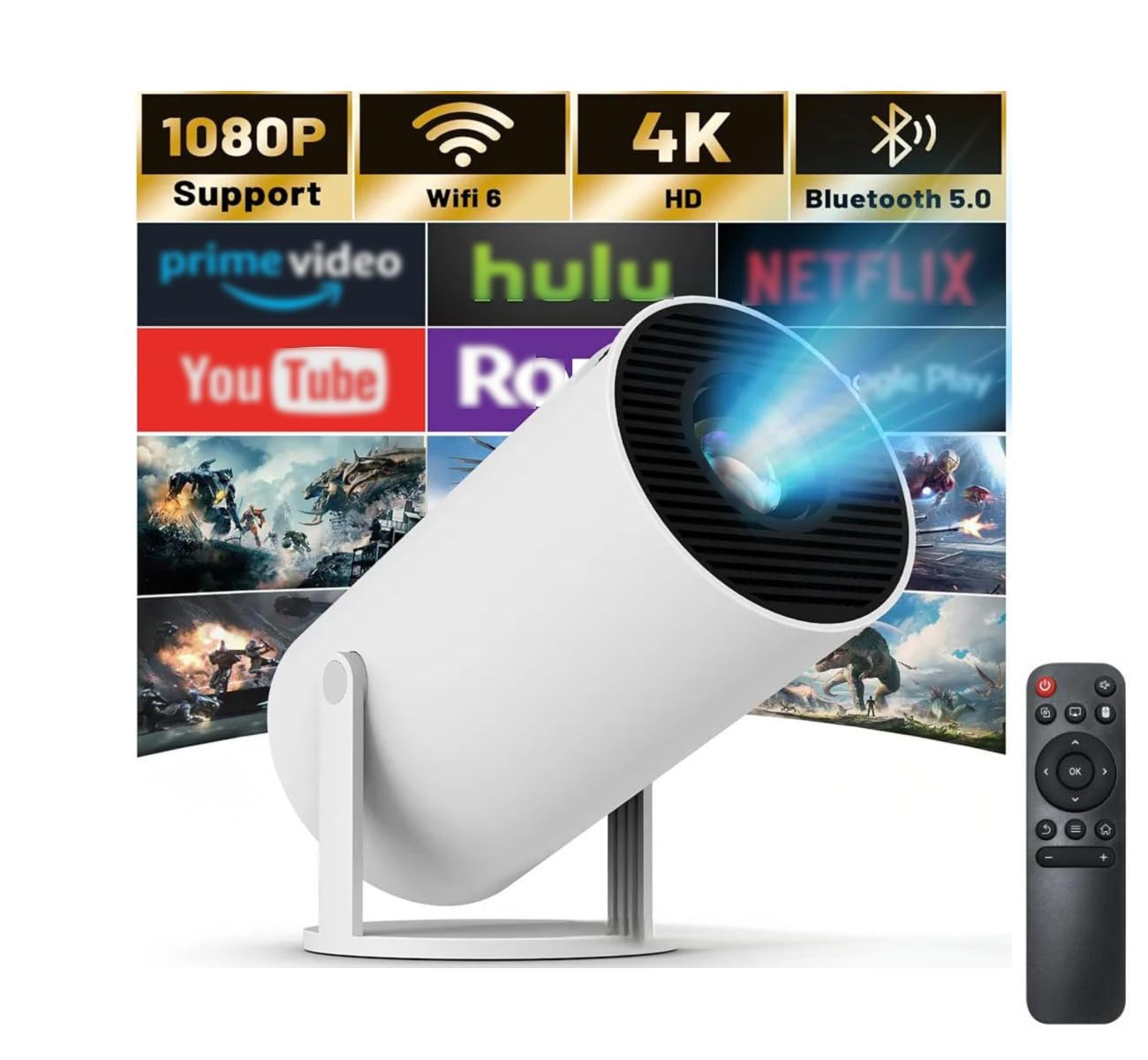 Mini projecteur Bluetooth WiFi portable 4K avec correction automatique de la distorsion, rotation à 180°, écran 130", Android 11, 5G double bande, projecteur de films pour la maison