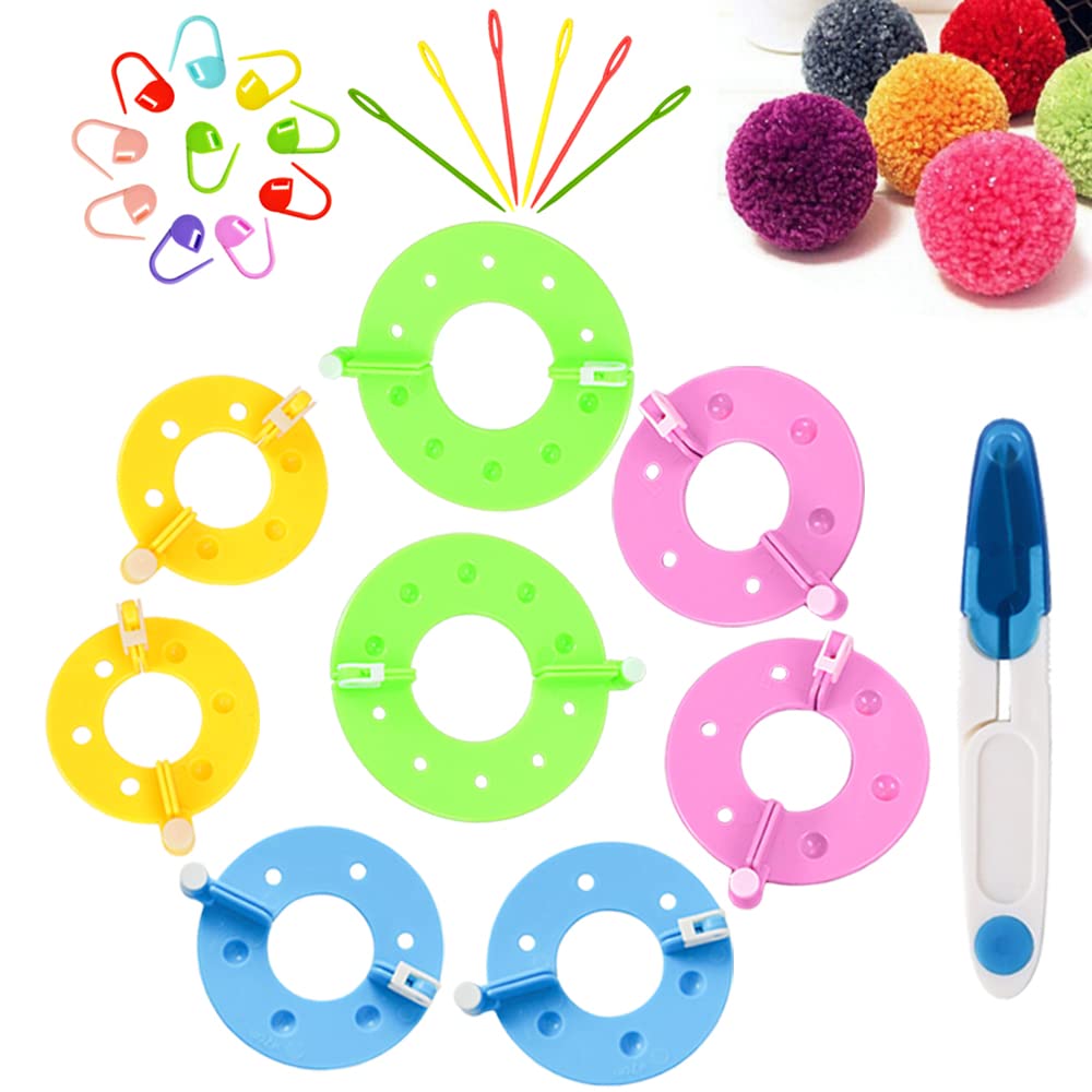 Curtzy Set de fabrication de pompons en plastique (lot de 4) – 4 tailles (3, 5/5,5/7 et