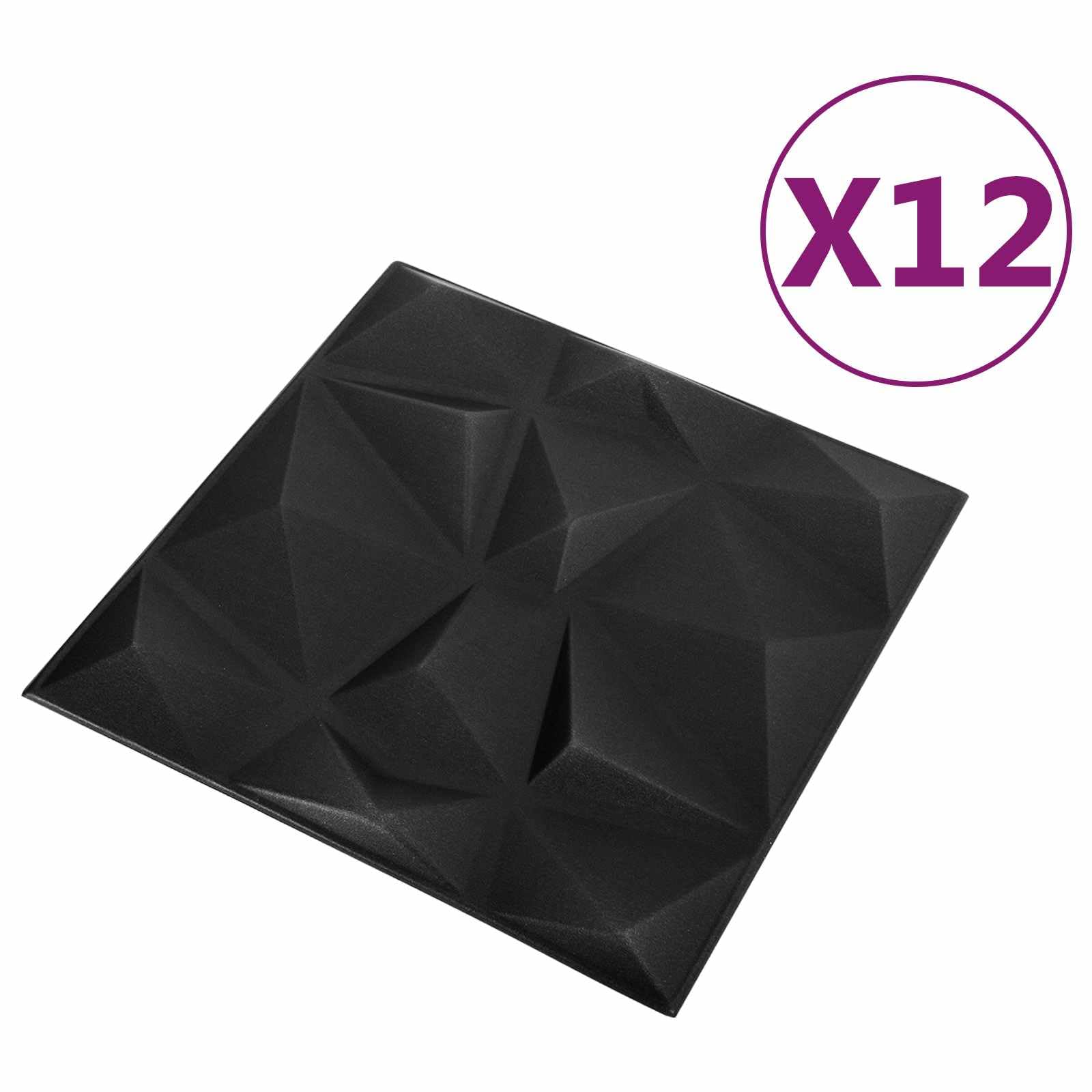 Panele ścienne, 12 sztuk, diamentowe, czarne, 50 x 50 cm, pianka XPS, panel 3D, okładzina ścienna, ściana wewnętrzna, sufit, renowacja, remont ze strukturą, do salonu, korytarza, łazienki