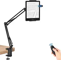 Suporte de tablet para Kindle com virador de página remoto, suporte para Kindle para leitura na cama, braço ajustável de 360°, virador de página com controle remoto, compatível com Kindle com capa