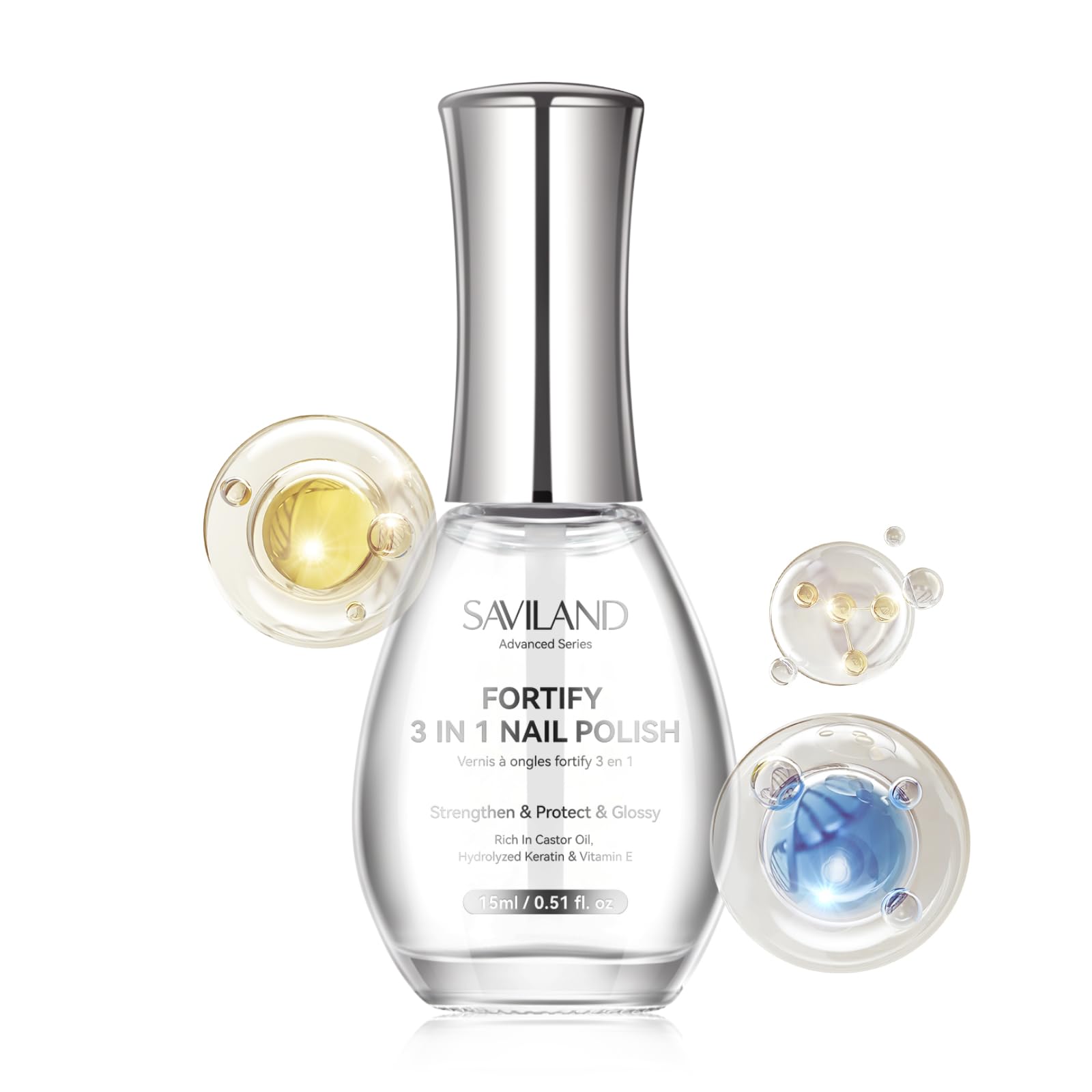 SAVILAND 3 in 1 Base & Top Coat & Nail Strengthener: 15ml Quick Air Dry Clear Nail Polish Strengthener for Damaged & Weak Nails Nail Hardener Extra Strong and Growth for Nail Care Treatment