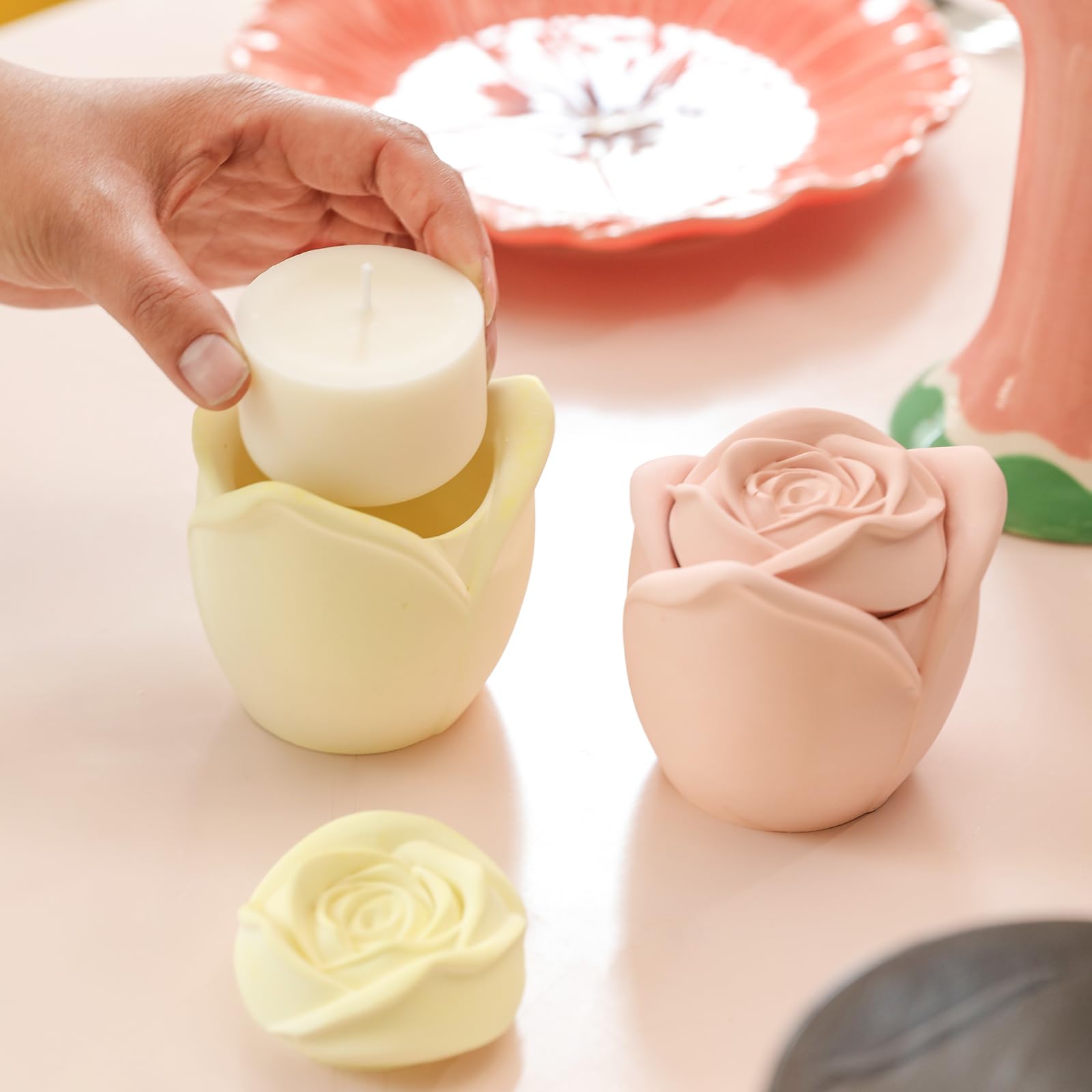BOOWAN NICOLE Rose Beton Kerzengefäße Kerzendosen Silikonform mit Kerzen Nachfüllform,Jesmonit Kerzenständer Gips Gießformen fur Handgefertigte Heimdekoration (SH1068+LZ0691)