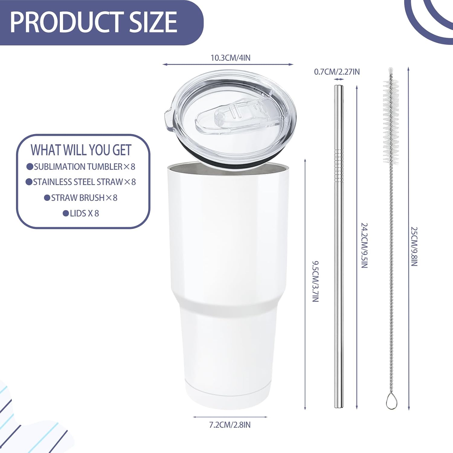 YOUKE OLA 8 Pack Sublimation Tumbler Blank White Bulk Stainless Steel Double Wall Vacuum Insulated Coffee Travel Tumbler Car Cups with Straws, 30oz