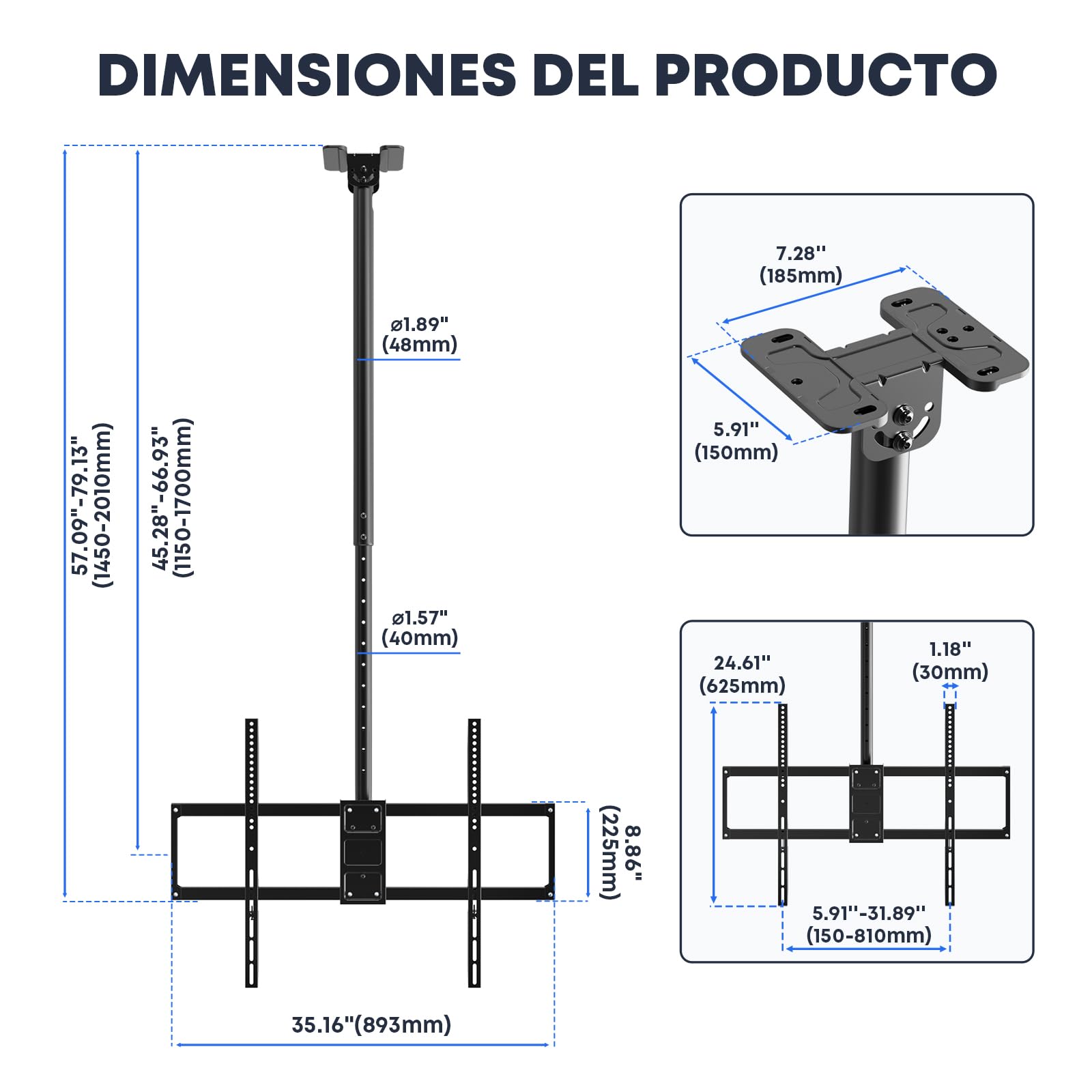 Soporte de techo para TV de 50 a 100 pulgadas, capacidad de carga de 80 kg, altura ajustable de 115 a 170 cm, soporte de TV para techo con giro y inclinación con VESA hasta 800x600 mm para uso