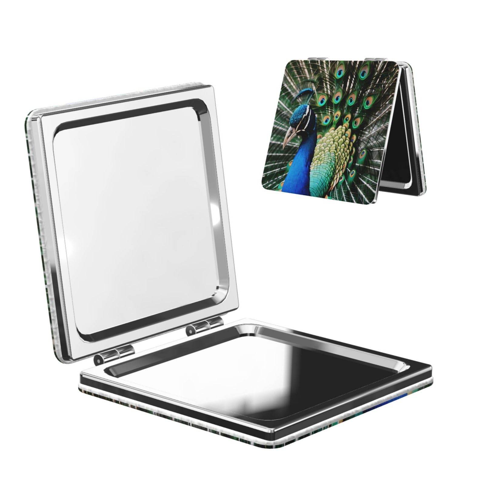 DWVTSLH Peacock Compact Mirror for Purse, Double-Sided 2X/1X Magnifying Mirror for Women Men, Travel Makeup Mirror for Handbag, Handheld Vanity Mirror for Gift