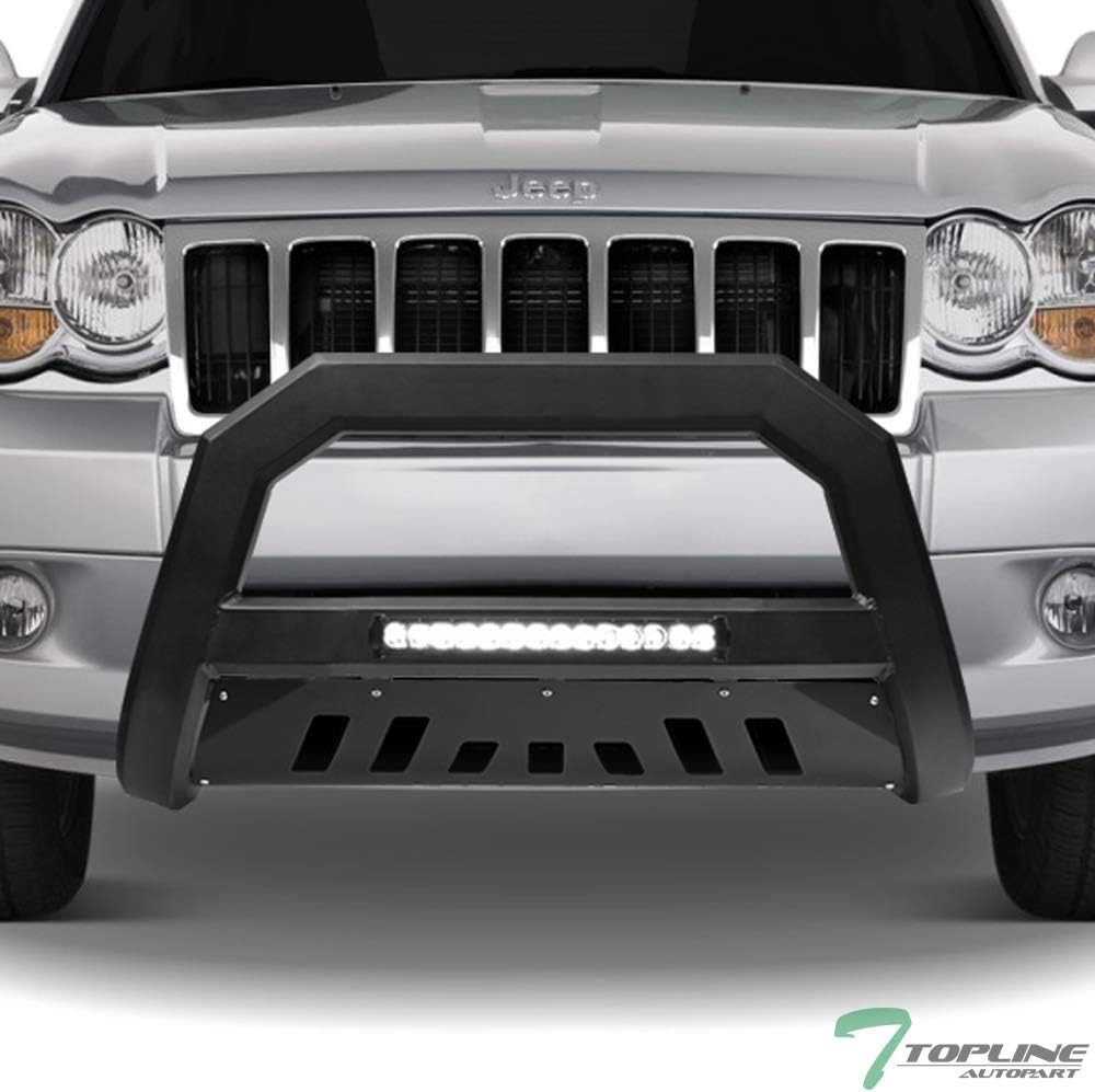 Matte Black AVT Style Aluminum LED Light Bull Bar Brush Push Front Bumper Grill Grille Guard with Skid Plate Compatible with 08-10 Jeep Grand Cherokee