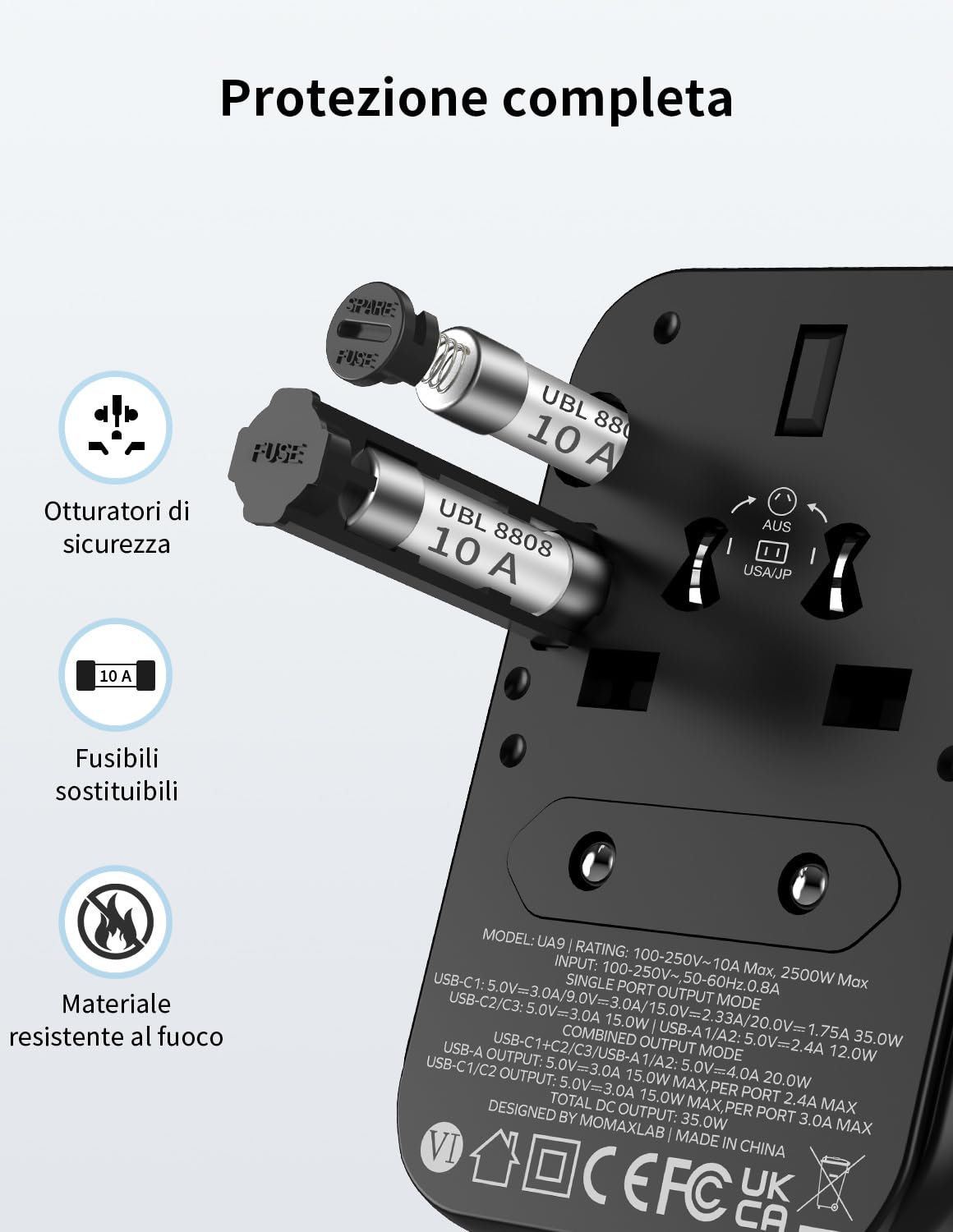 MOMAX Adattatore universale da viaggio PD35W con 3USB-C, 2USB-A e 1AC, adattatore internazionale per USA Canada UK Australia Cina Giappone Titanio