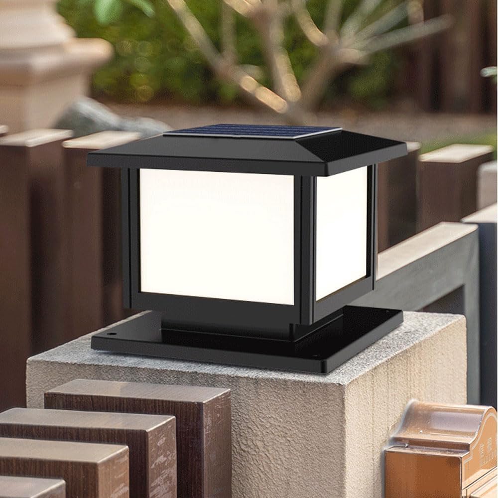 Decorazione Domestica Lanterne solari da Esterno per Cortile 4 luci Copertura per palo da Esterno LED Farmhopuse Luce Moderna Lampada da Lanterna a Colonna con Montatura su molo Quadrato Nero