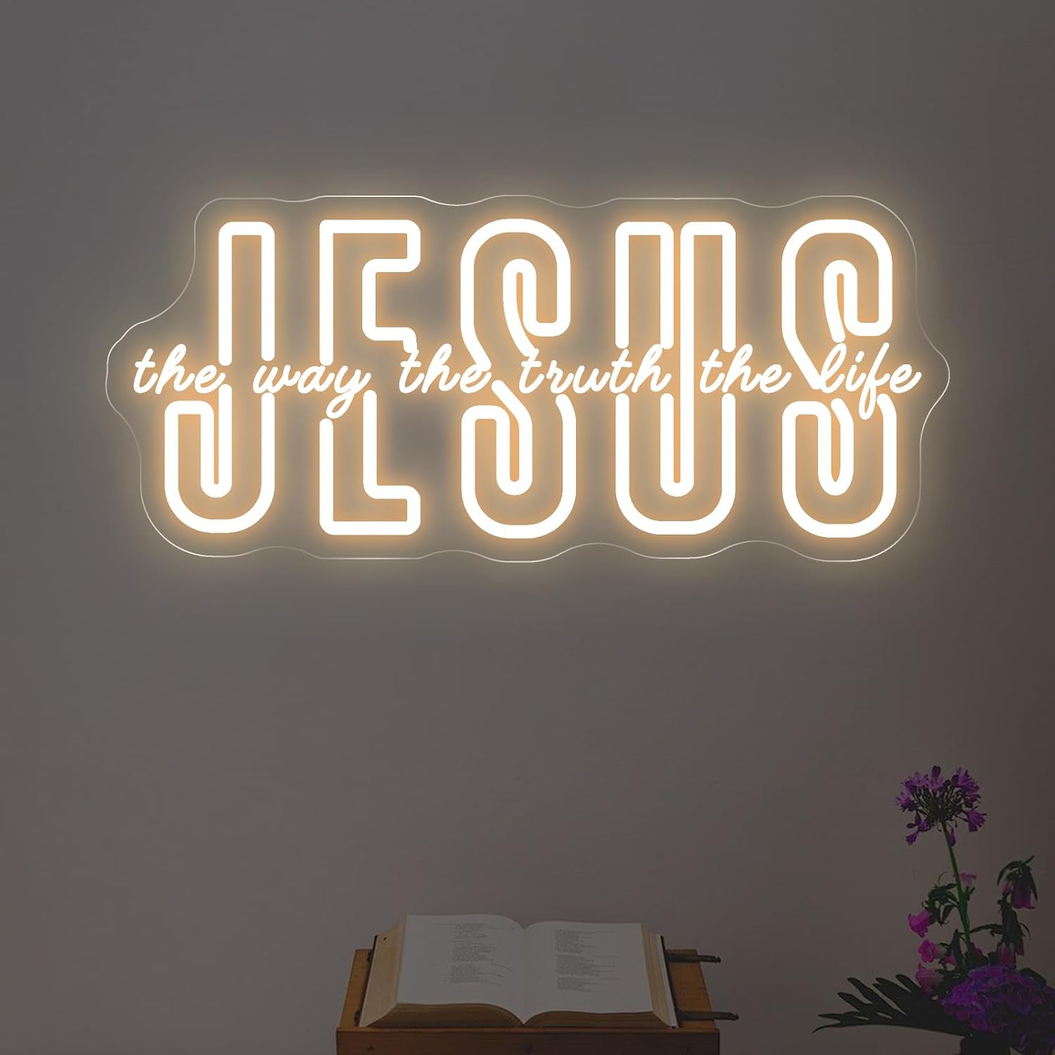 JESUS Neon Sign, 17.7″ × 7.7″ Warm White LED Light, Religious Bible Verse LED for Bedroom, Prayer Room, Church, Living Room, Christian Home, Gift for Believers