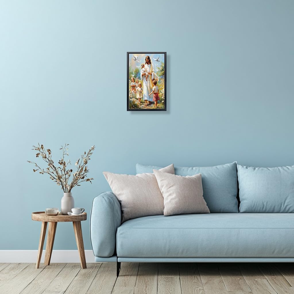 Aubeeba Jesus Poster Prints Jesus with Children Wall Art Watercolor Painting Vintage Framed Canvas Artwork for Bedroom Wall Decor 12x16 inches