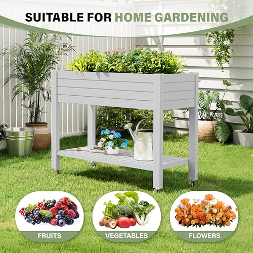 WTFGO 33.7" Tall Raised Garden Bed with Wheels, Divisible Resin Planter Box with Drainage Gauge & Storage Shelf, Herb Planter for Garden Patio Backyard, Cool White (33.7" h) — view 5