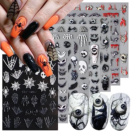 8Pcs Halloween Nail Art Stickers 5D Stereoscopic Embossed Horror Evil Eyes Nail Decals Nail Art Supplies for Nail Spider Web Sky Wings Skull Hand Nail Tattoos for Women Halloween Manicure Accessories
