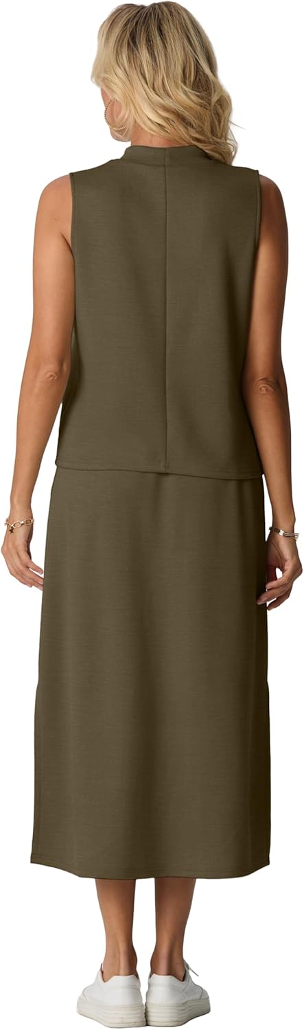 GRECERELLE Two Piece Skirt Sets for Women Sleeveless Mock Neck Top Split Maxi Skirt Vacation Travel Matching Set with Pockets - Image 5