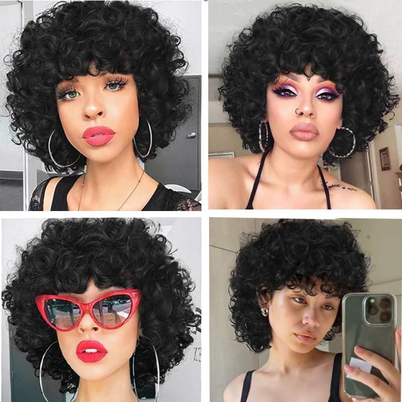 Miniatura 2 de Retoleca Curly Wigs for Black Women Short Curly Wig with Bangs Afro Cute Wigs Natural Looking Soft Bouncy Fluffy Comfortable Light Weight Wig Heat