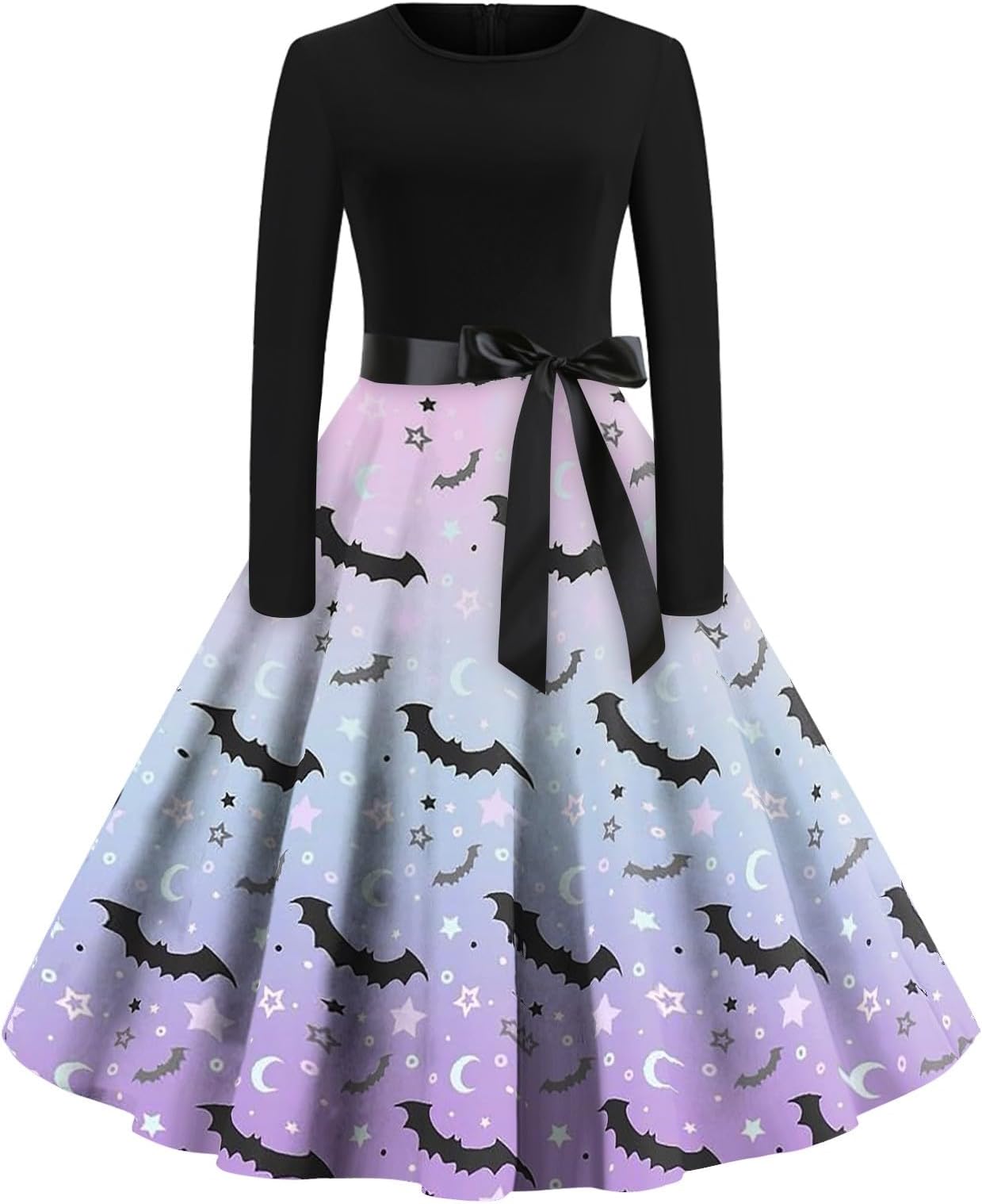 Gothic Victorian Dress, Womens Cute Batwing Printing Halloween Prom Belts Dress Crew Neck Long Sleeve Sexy Dresses