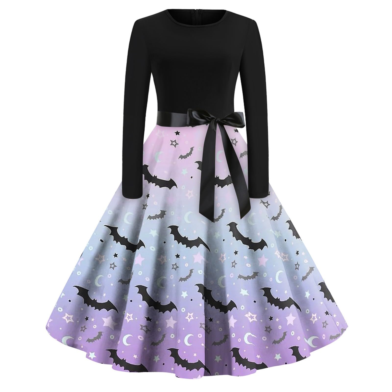 Gothic Victorian Dress, Womens Cute Batwing Printing Halloween Prom Belts Dress Crew Neck Long Sleeve Sexy Dresses